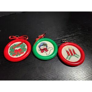 Set Lot of 3 Vintage Christmas Ornaments Cross Stitch Snowman Candles Wreath
